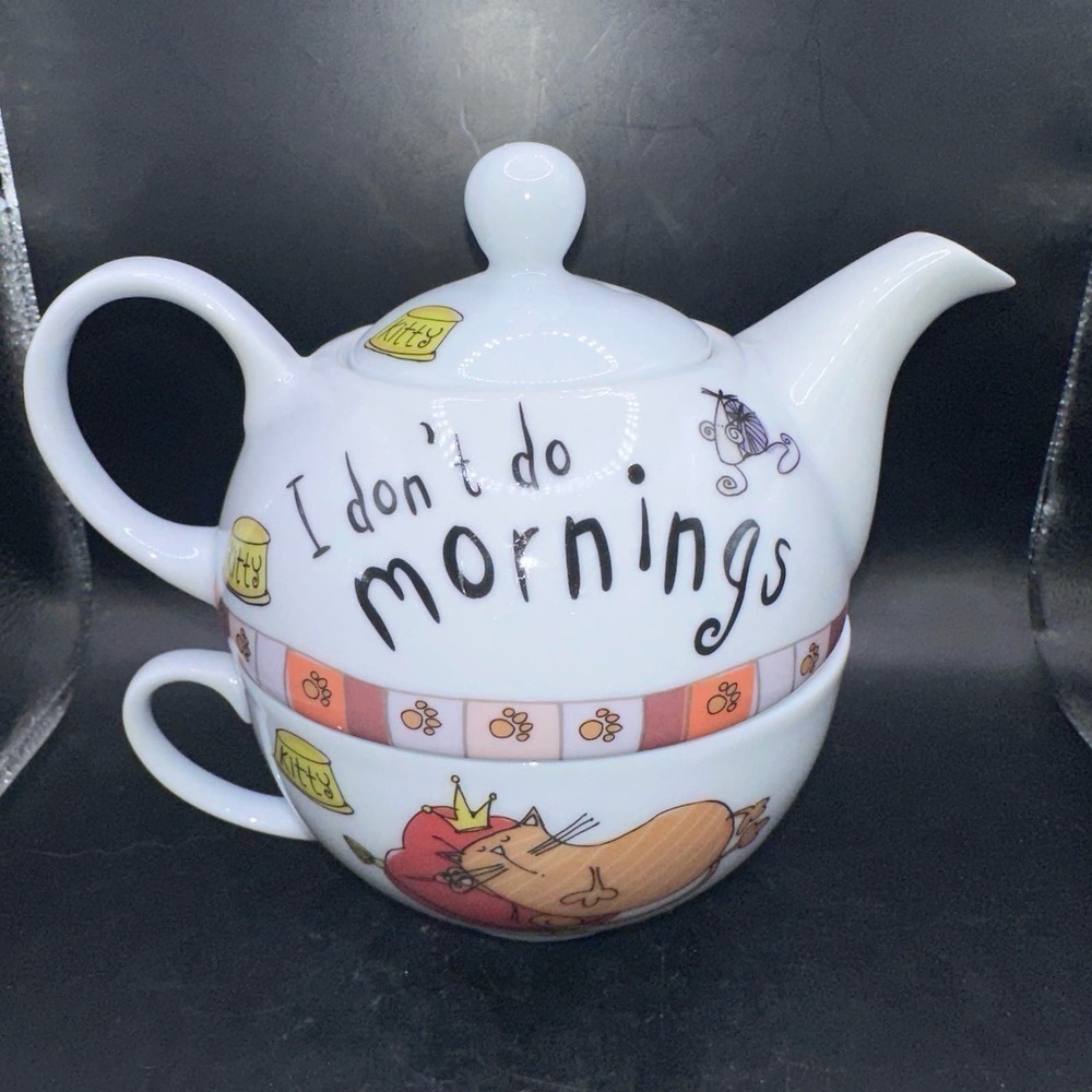 NWOB Creative Tops Tea For One Kitty I Dont Do Mornings Stacked Teapot Cup